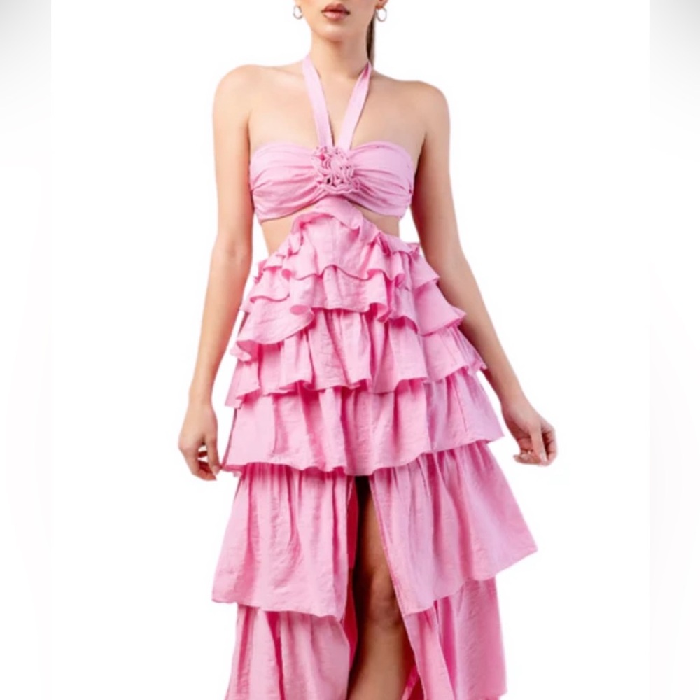 Elegant Pink Ruffle Halter Dress